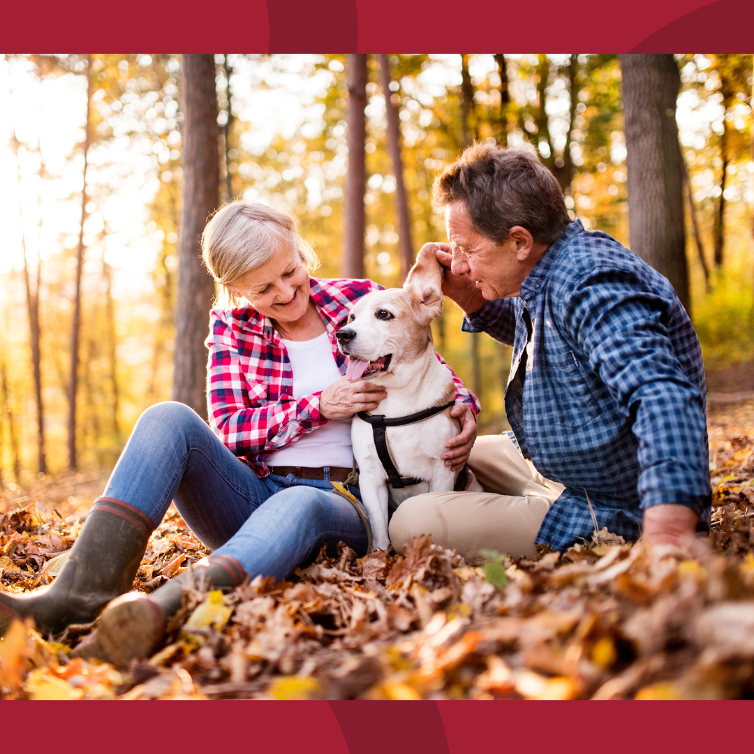 Senior couple sitting on the ground surrounded by leaves and petting their dog.